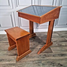 Vintage Wooden Child's Lift Up School Writing Desk & Bench Seat Chair Children's