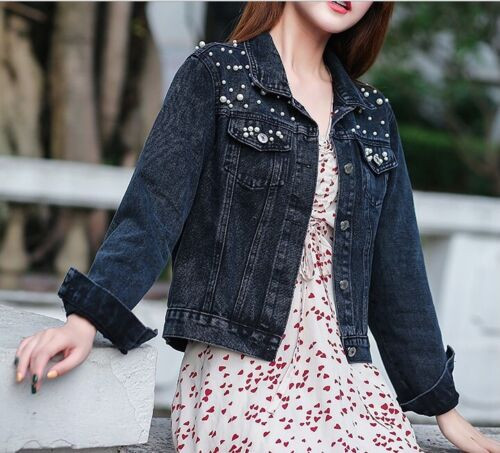 Women pearl denim jacket - denim,