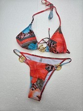 ORANGE BIKINI SET FLORAL LEOPARD PRINT PADDED HALTER NECK TOP SIZE L SWIMWEAR 46
