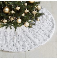 White Christmas Tree Skirt with Silver Embroidered Sequin Print snowflakes
