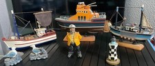 3 WOODEN MINIATURE BOATS, LIFEBOAT, FISHING BOAT X2 FOUR NAUTICAL FIGURES