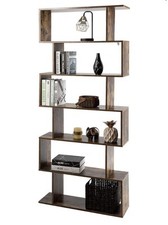 S-Shaped Wooden Bookcase 6 Tier Freestanding Storage Shelf Rustic Brown