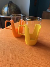 Retro Pyrex Drink-Up Tall Cups x  Orange  & Yellow  Coloured Holder 13cmH