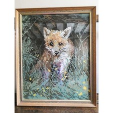 Framed Vintage Needlepoint Tapestry FOX CUB Wall Art | Penelope Animal Decor