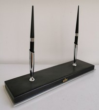 Vtg 1960s Rolex Shop Leather & Alloy Desktop Double Sheaffer Ballpoint Pen Stand