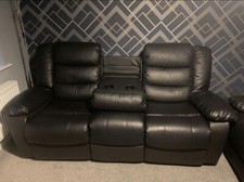 2 & 3 Seater Recliner Sofa in Black Leather with Drop-Down Table & Cup Holders