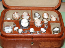 0LD CASE CONTAINING FOURTEEN CARVED SHELL CAMEO BROOCHES / BRACELET