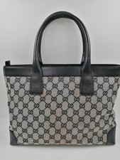 GUCCI GG Canvas Tote Bag Handbag 002 1119 Leather Gray Black Zip Authentic