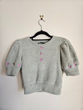 ZARA Green Puff Sleeve Crop Sweater sz Medium Chenille Knit Embroidered Flowers