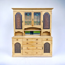Late Victorian 2 Piece Pine Dresser with Stained Glass Doors Carved Panels