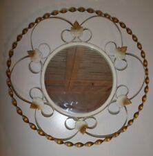 Ornate Cream & Bronze Metal Wall Mount Round Mirror Leaf Decoration