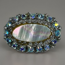 Vintage Sphinx Oval Brooch AB Blue Glass Rhinestone Mother Of Pearl Silver Tone