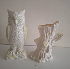 Belleek Parian China Owl & Tree Vases Figurine Brown Mark 1980-1993 Vintage