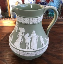 1955 wedgwood green jasper ware hydra jug pitcher. 5” tall. chip to spout.