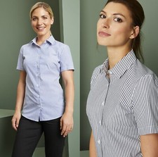 Ladies Shirt Short Sleeve Black Blue Striped Blouse Workwear Work Smart Office