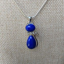 Blue Lapis Lazuli Boo Boo Kitty Cat Pendant Necklace Sterling Silver Rhinestone