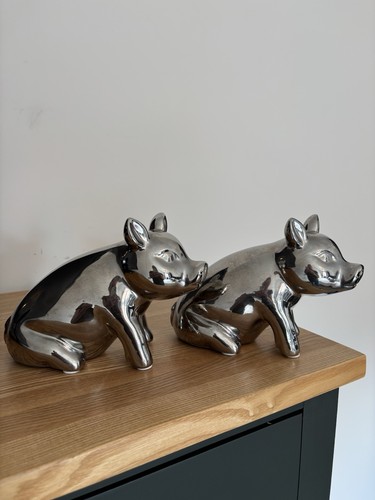 Ceramic metallic silver pig - 2,