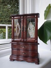 Vintage Wooden Cabinet Jewellery Box Faux Stained Glass