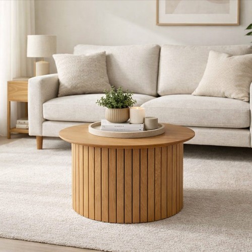 Oak finish round coffee table - finish,