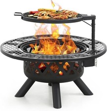 Outdoor Wood Burning Fire Pit with 360° Cooking Grill Large 32" Metal Bowl