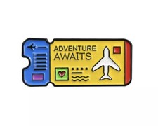 Adventure Awaits Plane Ticket Travel Enamel Pin Badge Blue Novelty - BRAND NEW