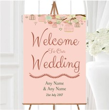 Vintage Shabby Chic Birdcage Coral Personalised Any Wording Welcome Wedding Sign