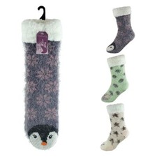 Ladies Animal Face Slipper Socks  Soft Feather Lurex Glitter Yarn Warm  Grippers