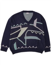 ALESSANDRO MAGNO Mens V-Neck Jumper Sweater IT 54 XL Navy Blue Geometric RC09