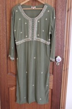 Indian Kurta Women's Large Olive Green Gold Embroidered Cotton Party Dress 