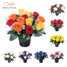 Artificial Grave Flowers Rose Pot Memorial Red Blue Yellow Ivory Pink Purple
