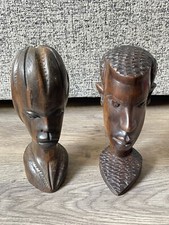 Pair of Vintage Hand Carved Solid Wooden African Tribal Head Busts / Sculptures