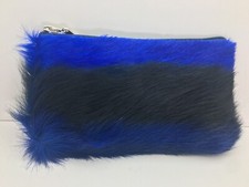RARITY vibrant blue shiny black springbok fur leather Zip pouch clutch Size M