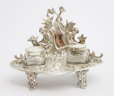 Antique Solid Sterling silver cast double inkwell cherubs 1900 108g