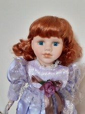 Porcelain Belamore Doll In Purple Dress White Lace 17" With Stand And Tag.
