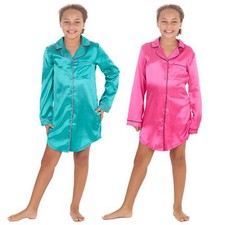 Girls Satin Nightshirt Kids Long Sleeve Button Through Sleepshirt Nightie