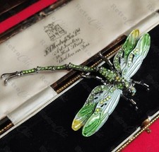 Vintage Art Nouveau Style Dragonfly Brooch Pin Enamel & Green Crystal Pendant