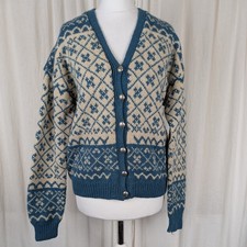 Hand Knit Nordic Fair Isle Wool Cardigan Blue Cream Small 8 10 Christmas Vintage