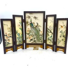 Vintage Chinese Hand-Painted Table Folding Screen Peacock Birds  5 Panels