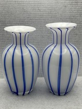 Pair Of Blue Striped Loetz Style Glass Vases.