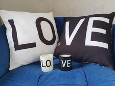 Two Next LOVE Black And White Cushions And Two Matching Candles