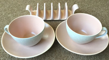 Cup & Saucer x 2 & Toast Rack Poole Pottery Twintone Pink/Seagull Grey (MO28)