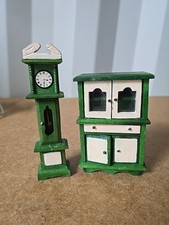 Dolls House Green & White Dresser And Grandfather Clock Wooden