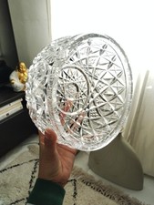 Vintage Clear Lead Cut Crystal Glass Serving Fruit Bowl. Criss Cross Starburst