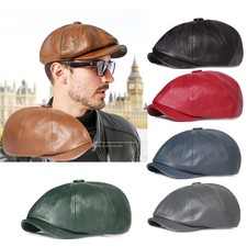 Mens Womens PU Leather Newsboy Flat Cap Vintage Gatsby Ivy Hat Baker Boy Hats