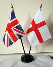 UNION JACK & ST GEORGE ENGLAND friendship table flag set WITH flags and base UK