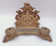 Vintage Brass Cherubs Double Inkwell Letter Rack Baroque Ornate Repousse Style