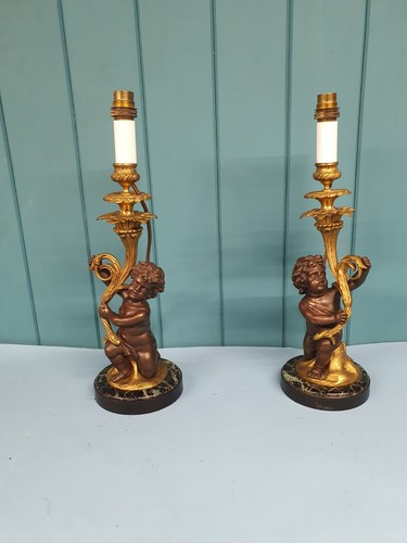 Pair bronze cherub - bronze, table