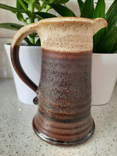 French Country Farmhouse Brown & Cream Heavy Jug in Pottery Ribbed Stamped 