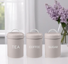 Set of 3 Canister Tea Coffee Sugar Set with Handle Kitchen Containers Tins