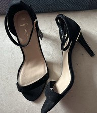 Ladies New Look Size 6.5/39 Wide Black Faux Suede Strappy Stilleto High Heel New
